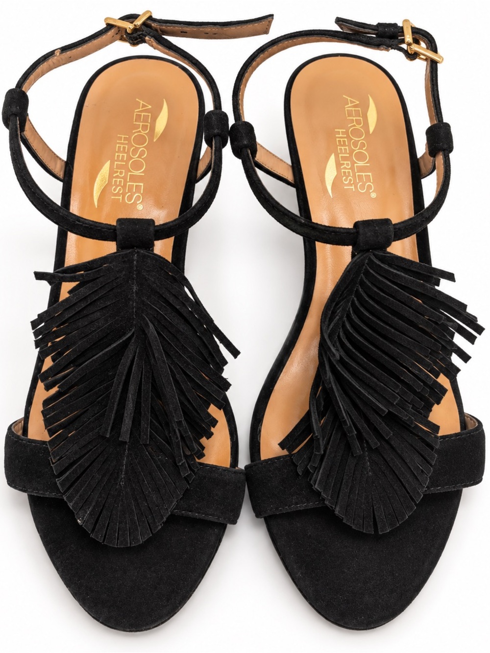 AEROSOLES Black Suede Tassel Ankle-Strap Sandals